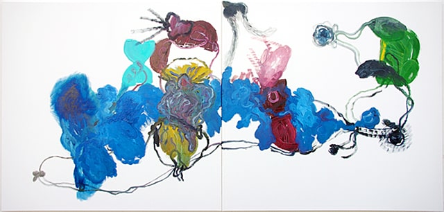 o.T., 2018, Acryl, Collage / Leinwand, 140 x 160 cm, 2-teilig